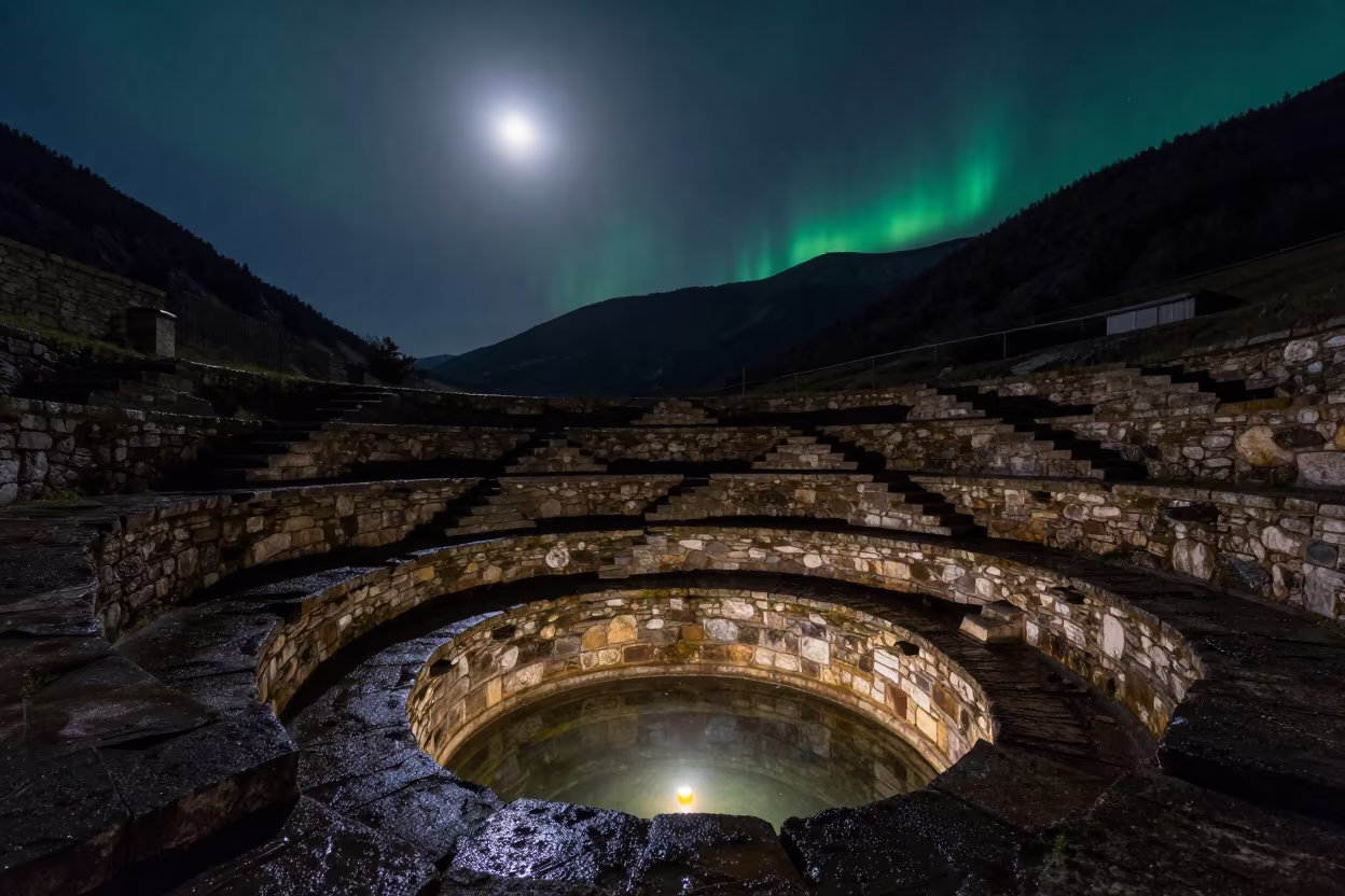 Moonlit Stepwell in Alpine Saddle Catalonia Night in from a quiet alpine saddle in Catalonia