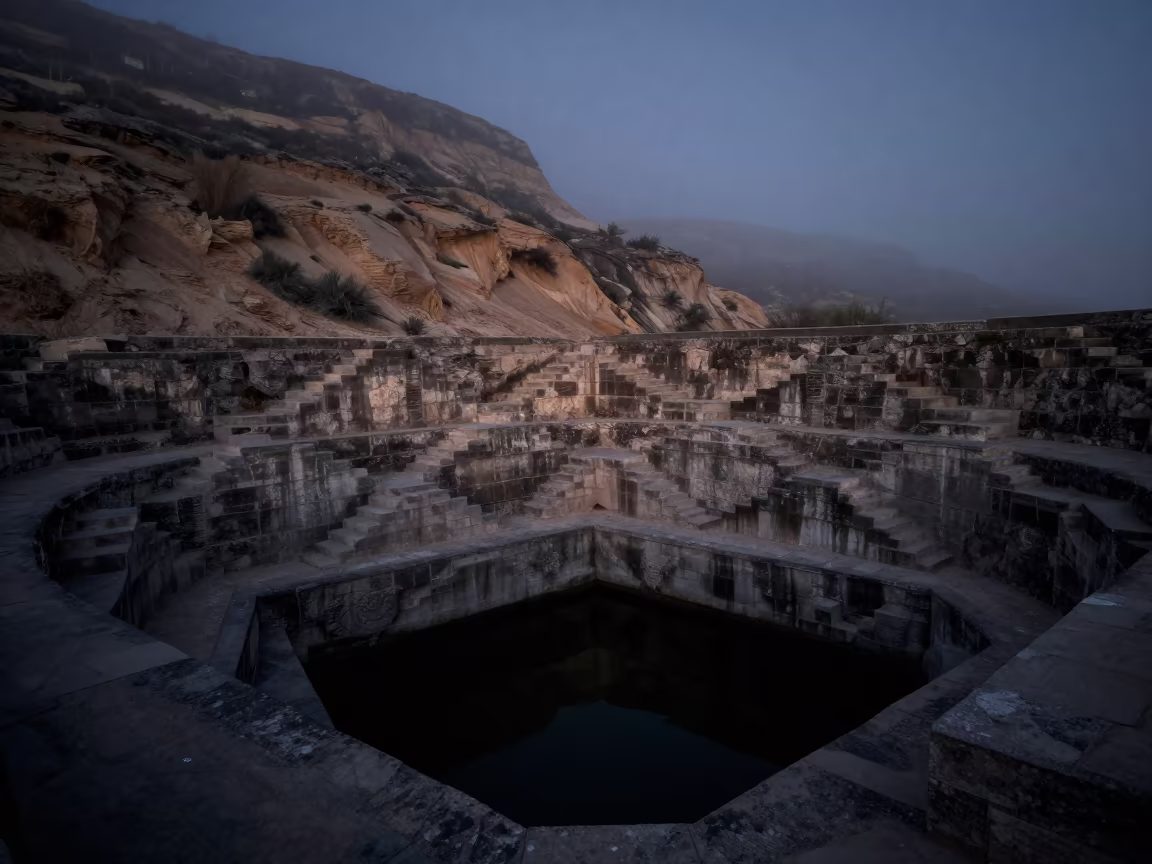 Moonlit Stepwell Descending Into Darkness in beneath a wind-cut desert escarpment near Sintra