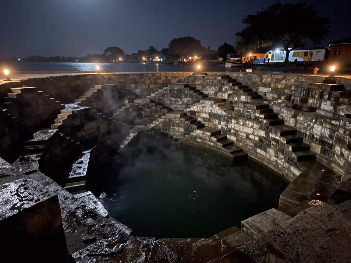 Moonlit Stepwell Descent Into Still Dark Water in beside a lantern-dotted harbor in South Sudan