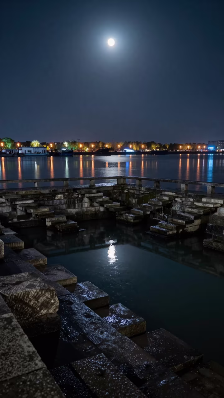 Moonlit Stepwell Harbor Reflections Changsha in beside a lantern-dotted harbor near Changsha