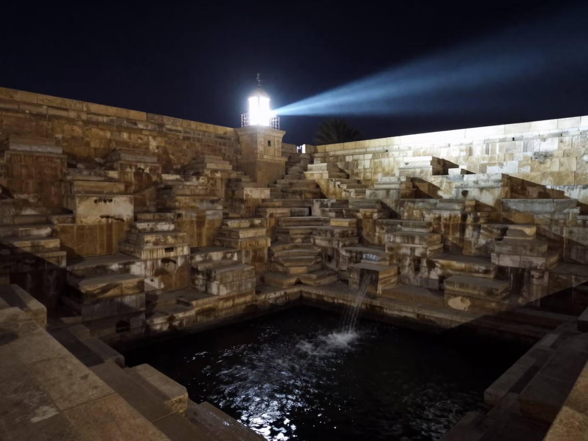 Moonlit Stepwell Night Sweep Egypt in from a moonlit breakwater in Egypt