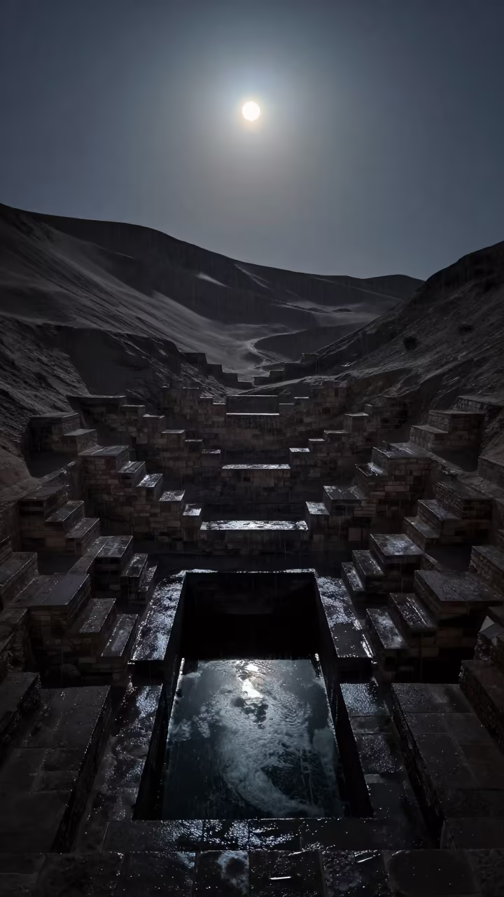 Moonlit Stepwell Rain Reflections Pavlodar in beneath a wind-cut desert escarpment near Pavlodar