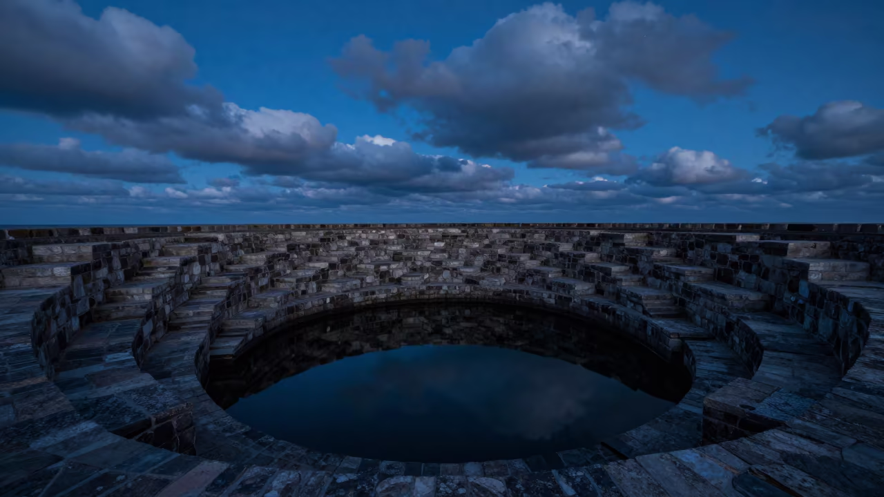 Moonlit Stepwell Twilight Cobalt Water Reflection in from a moonlit breakwater near Puerto Madryn