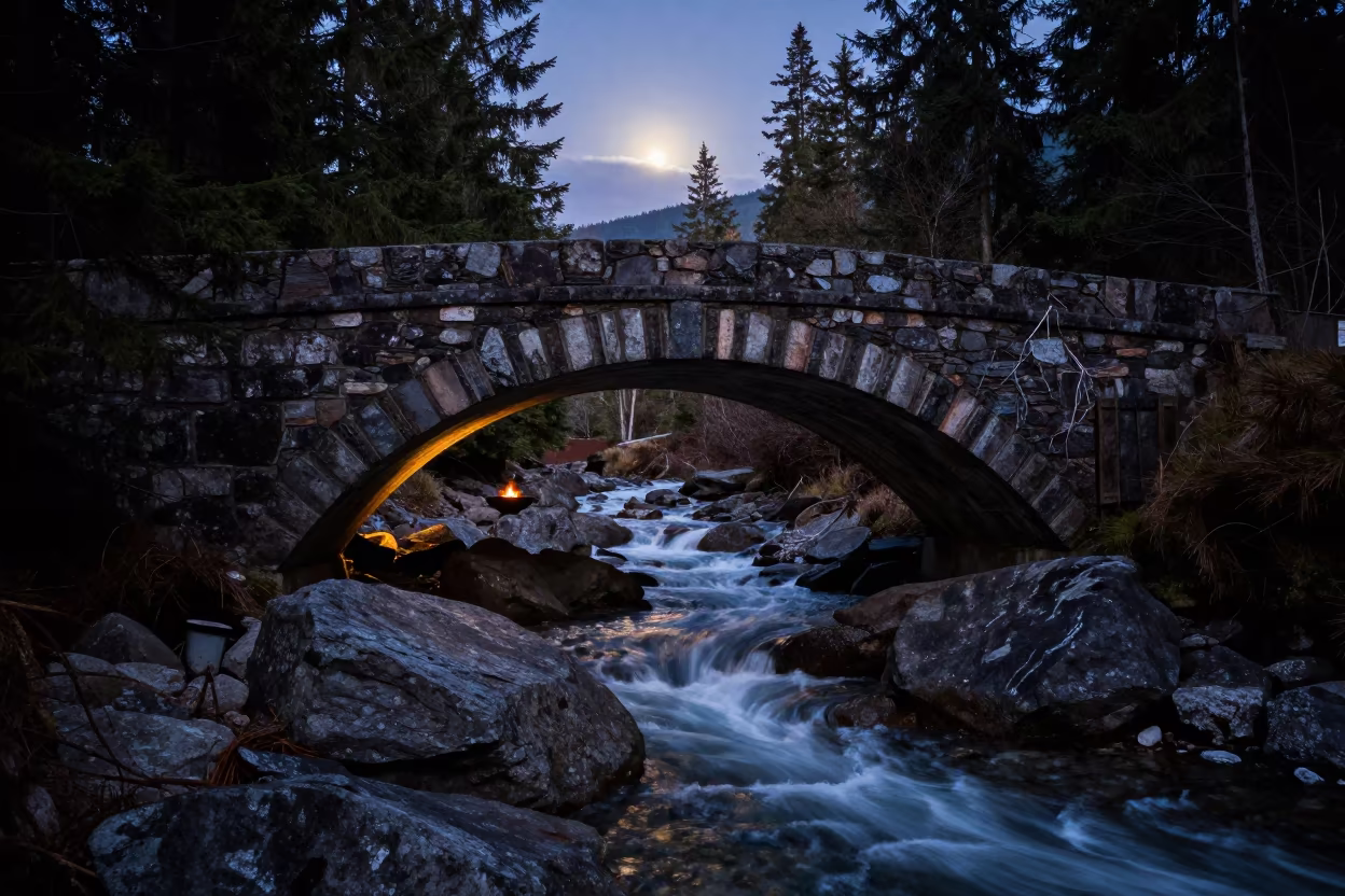 Moonlit Stone Arch Bridge Over Spring Stream in near Vancouver