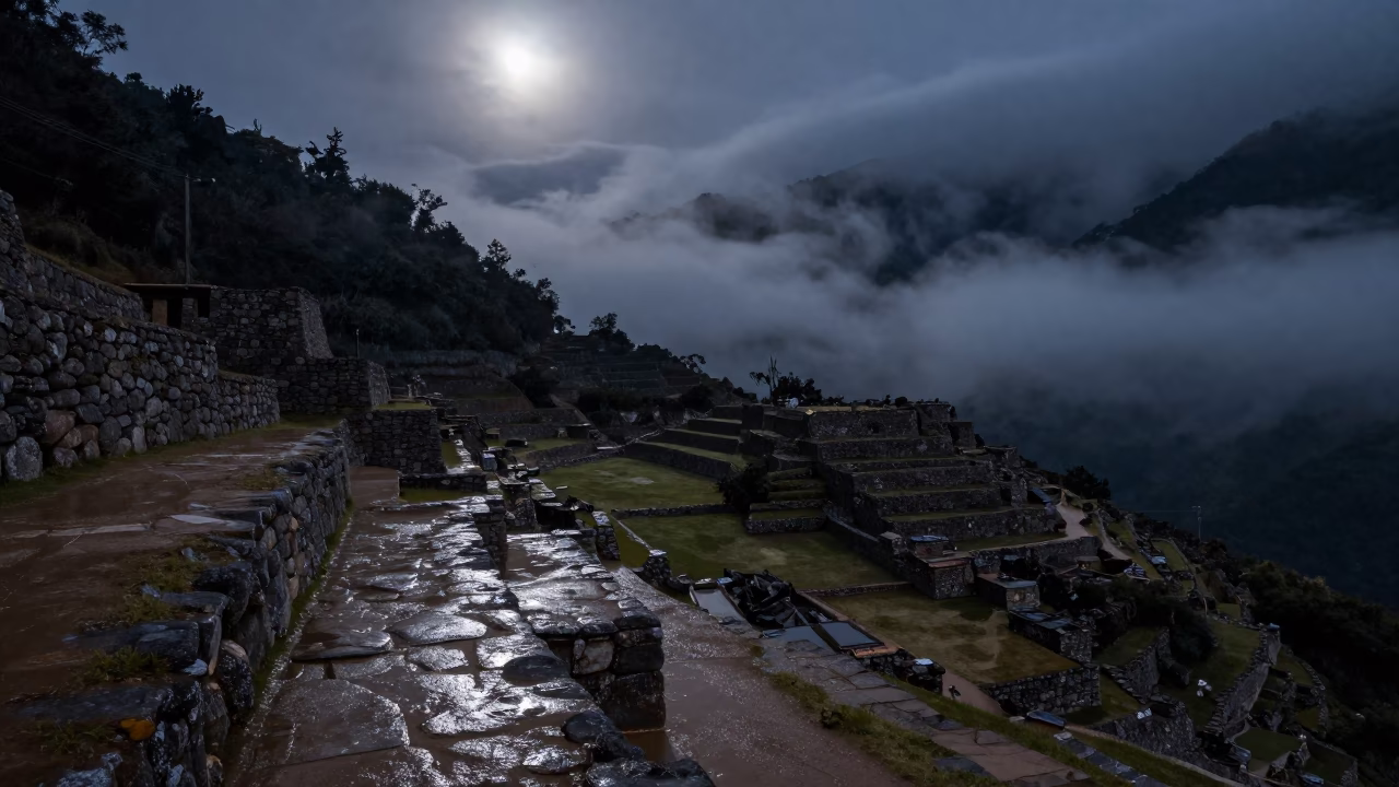 Moonlit Stone Terraces Above Cloud Forest in from a ridge above layered foothills in Peru