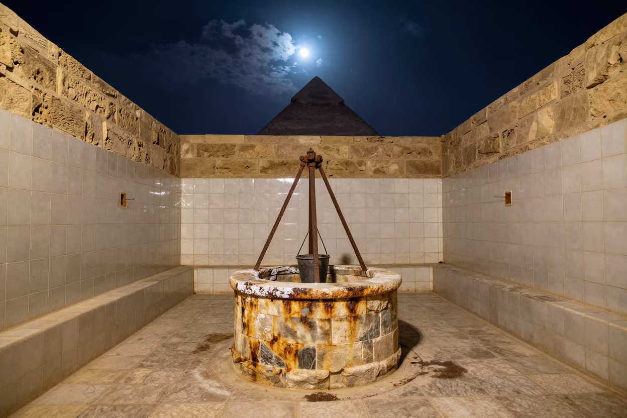 Moonlit Stone Well in Giza Stair Hall in inside a tiled stair hall in Giza