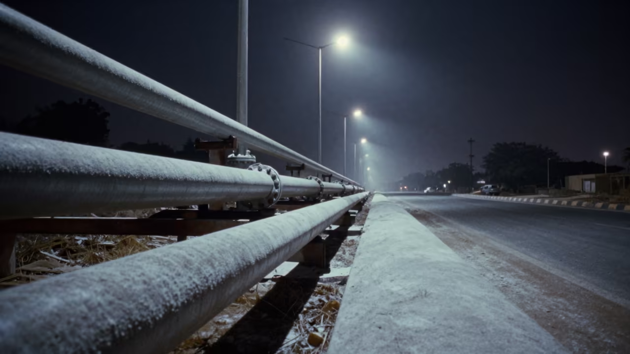 Moonlit Sugar Refinery Pipes Along Khartoum Road in along a service road lined with pipes near Khartoum
