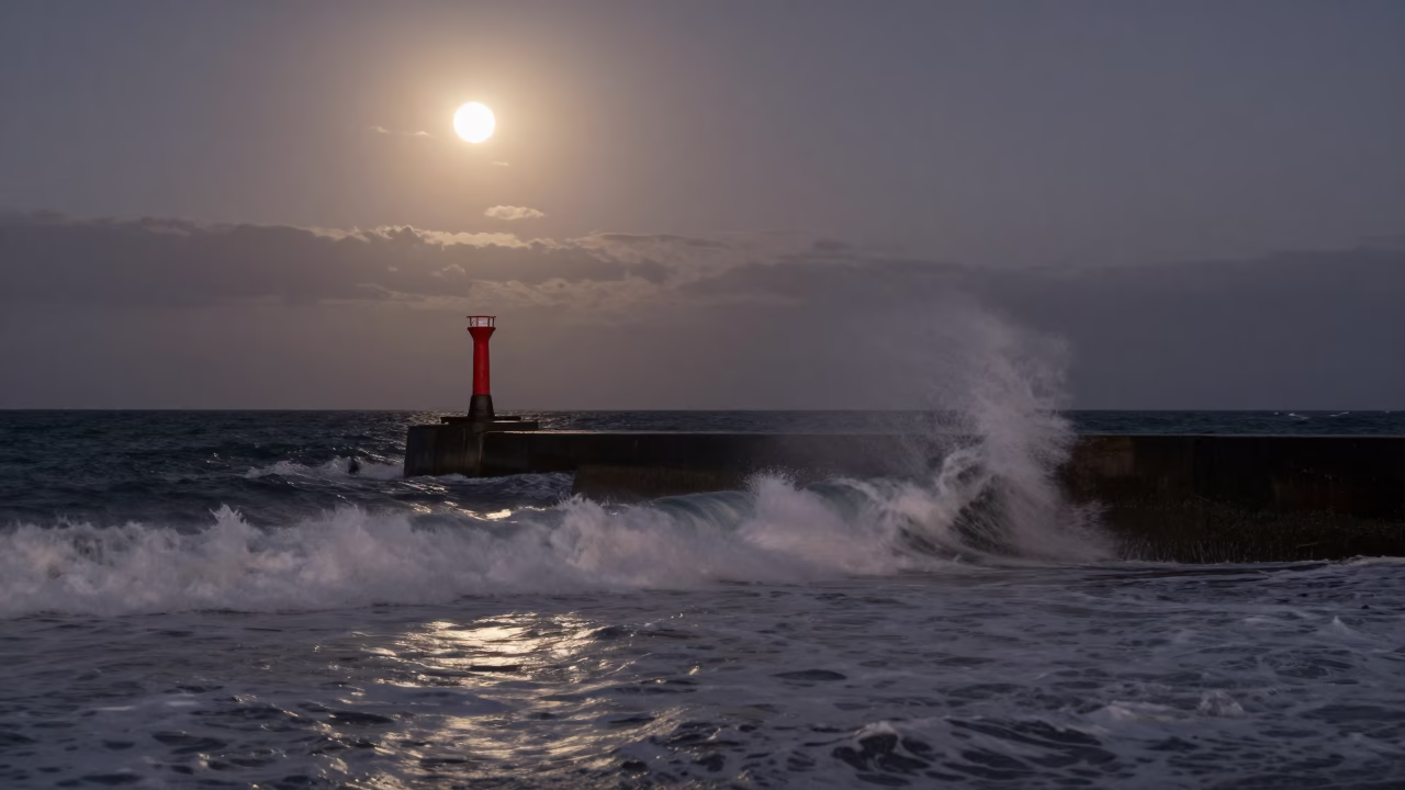 Moonlit Surf Breaking Against Lone Breakwater Beacon in Wellington New Zealand Late Night in in Wellington, New Zealand