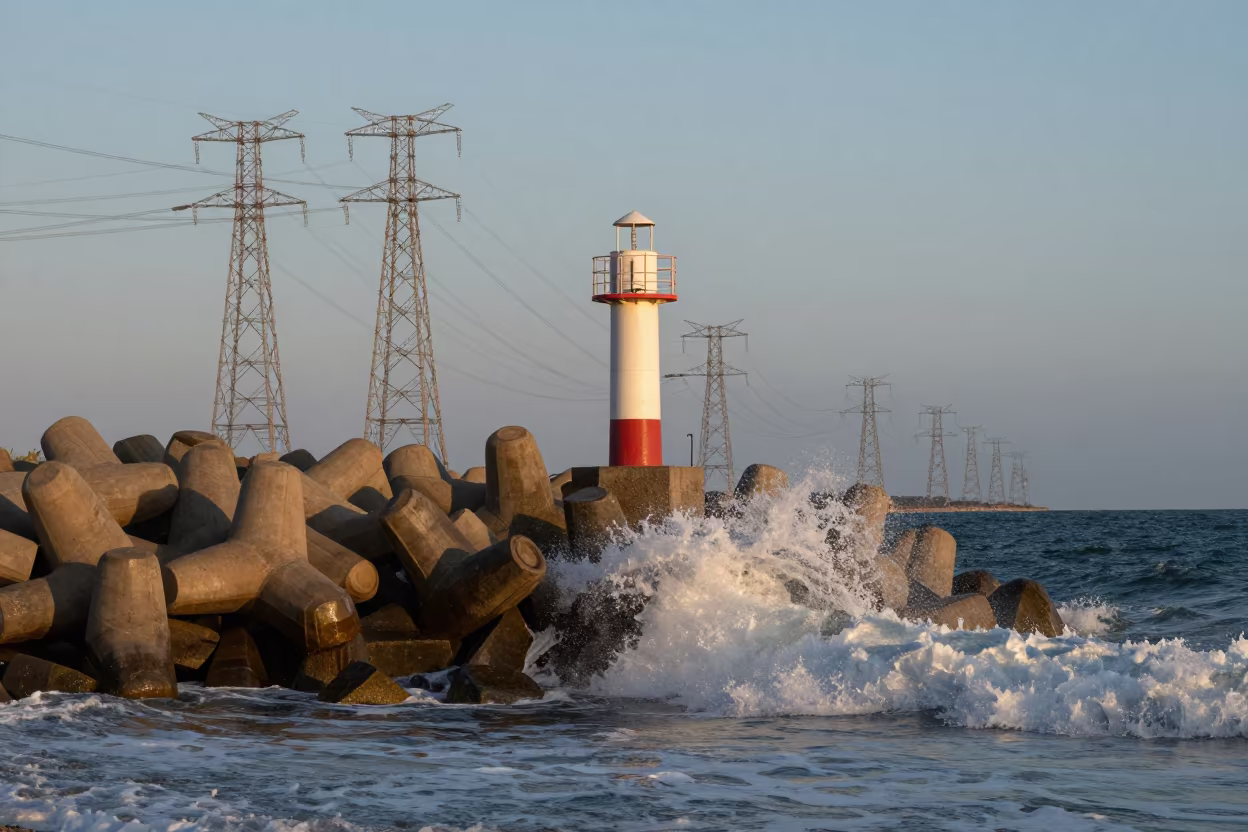 Moonlit Surf Breakwater Beacon Before Sunrise in beneath transmission towers in Taza