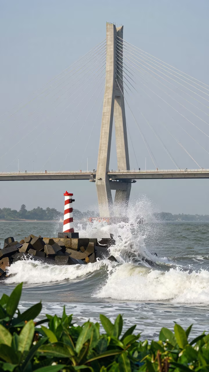 Moonlit Surf Breakwater Under Pune Bridge in under a cable-stayed bridge span in Pune