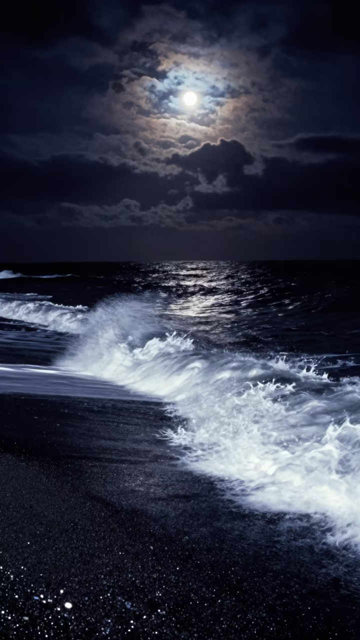 Moonlit Surf on Dark Volcanic Beach at Night in beneath a moon-washed horizon near Almaty