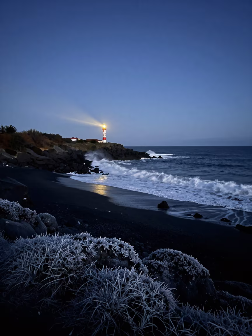 Moonlit Surf on Ecuador Volcanic Beach at Dawn in from a frost-hushed ridgeline in Ecuador