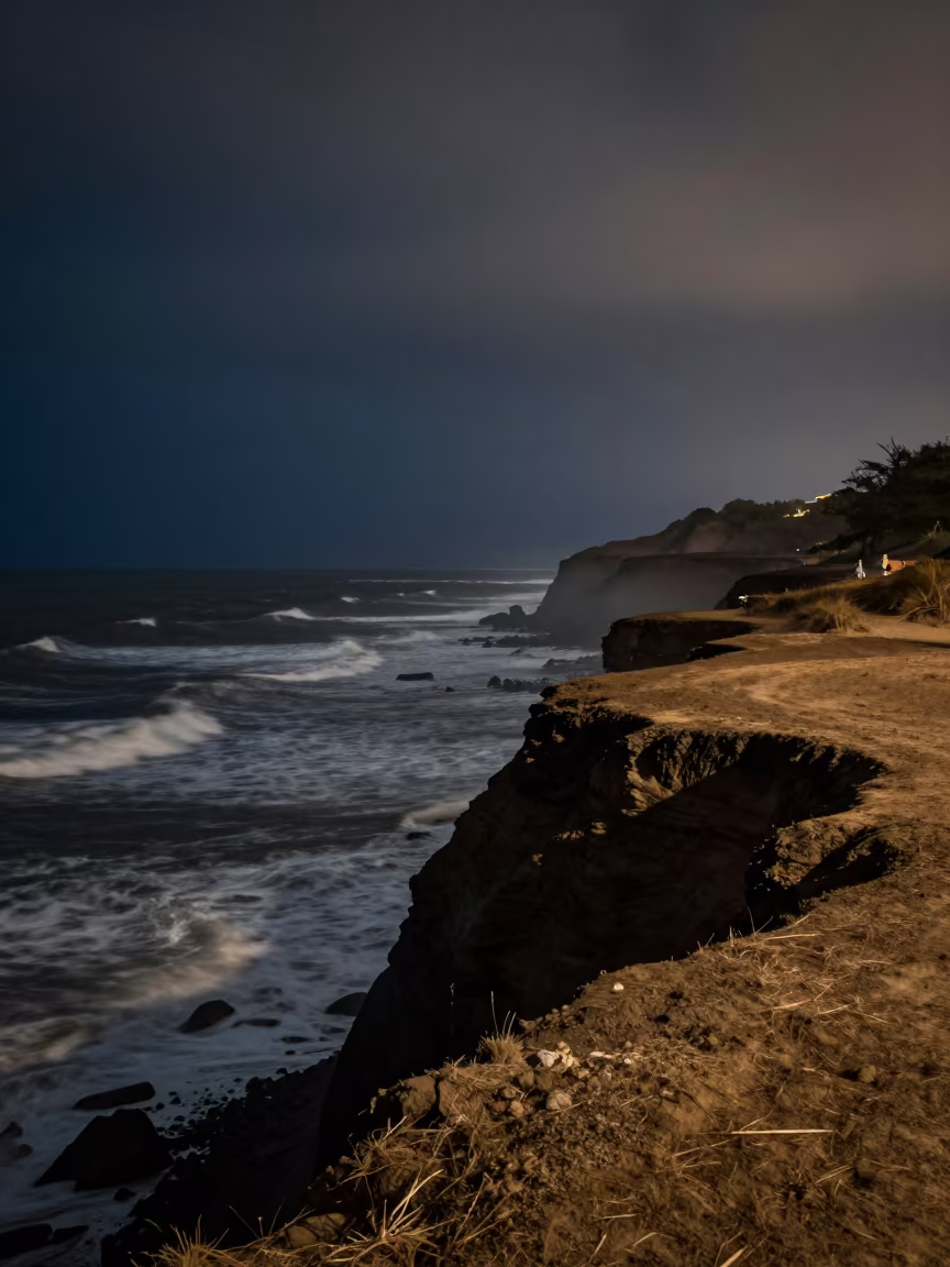 Moonlit Surf Storm Coast Mist Desert Escarpment in beneath a wind-cut desert escarpment near Fort, Mumbai