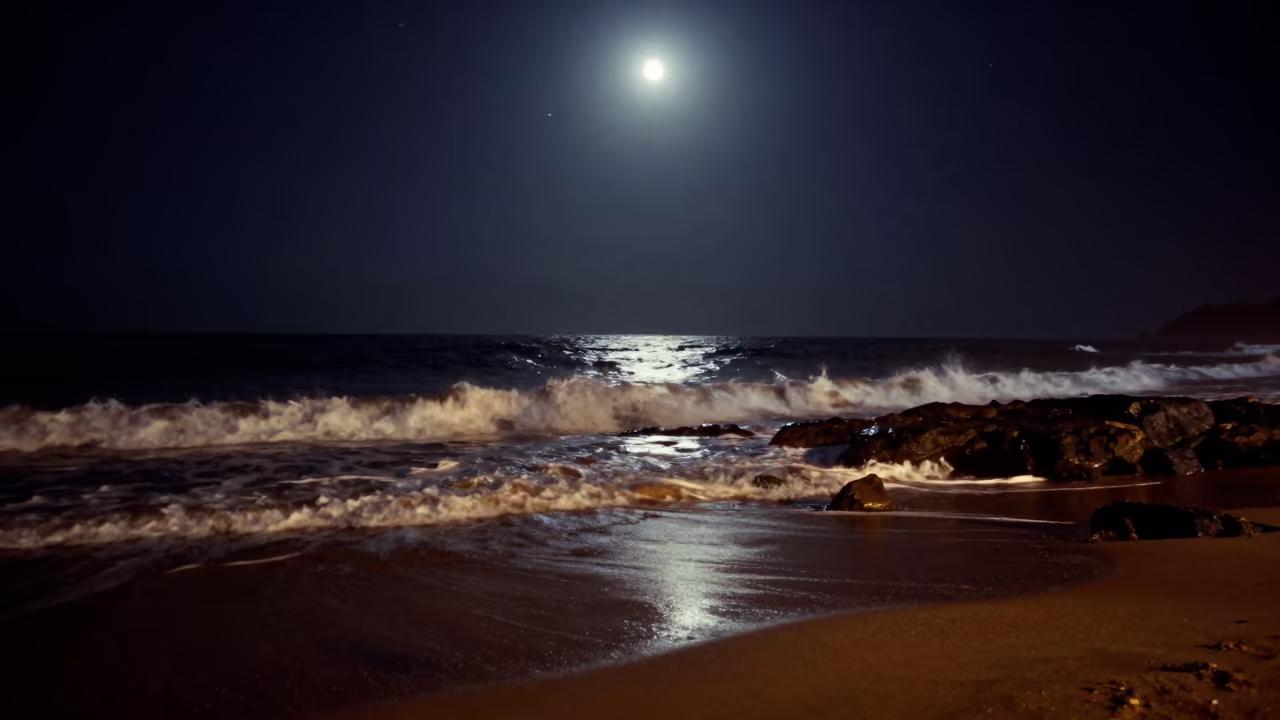 Moonlit Surf Storm Coast Mombasa Night in along a dark shoreline with tidal glow near Mombasa
