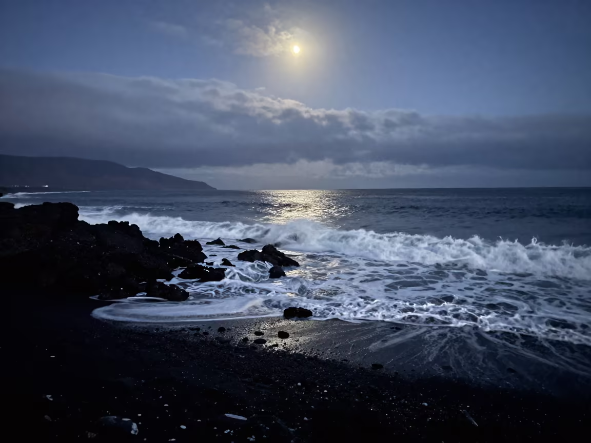 Moonlit Surf on Volcanic Beach Midnight Peru in from a quiet alpine saddle in Peru