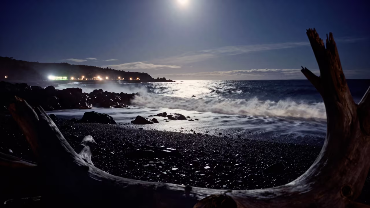 Moonlit Surf on Volcanic Beach Patagonia Night in beside a lantern-dotted harbor in Patagonia