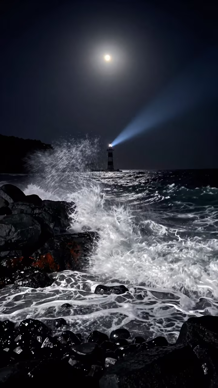 Moonlit surf breaks on Yunnan volcanic beach at dawn in under a band of cold starlight in Yunnan