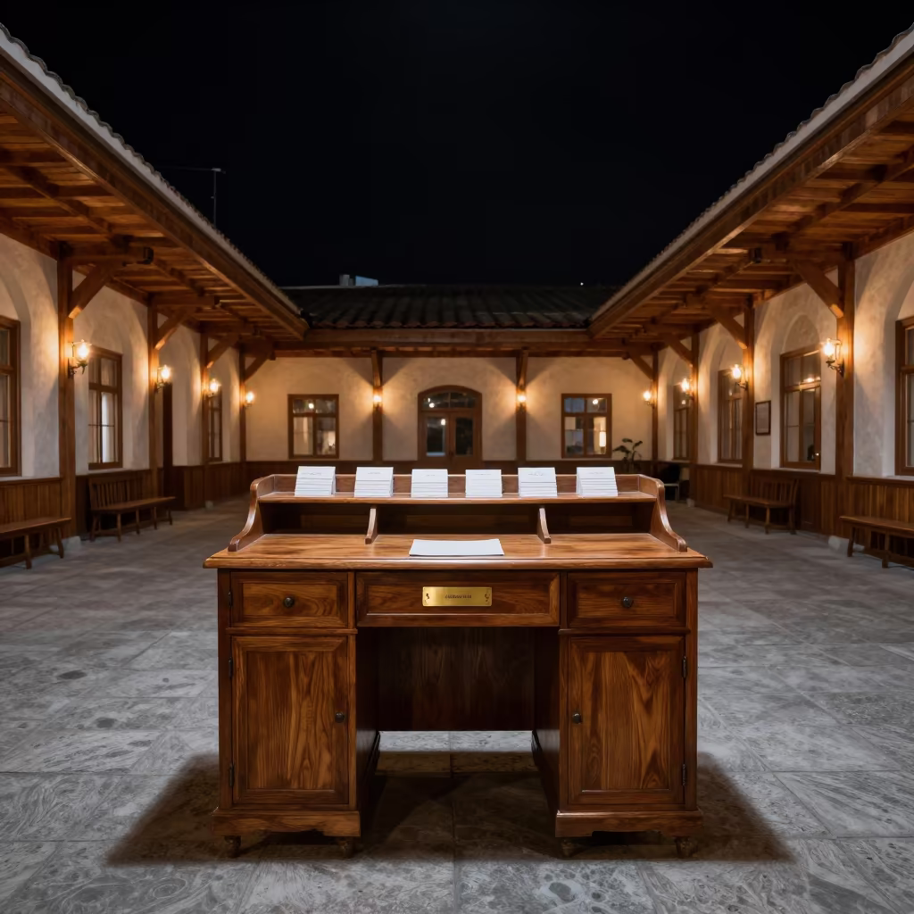 Moonlit Tbilisi Inn Desk Under Black Sky in inside a banquet hall before service in Tbilisi
