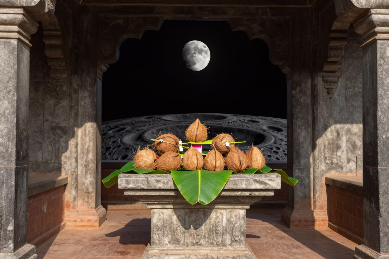 Moonlit Temple Offering Table in Lalitpur in inside a candlelit nave in Lalitpur