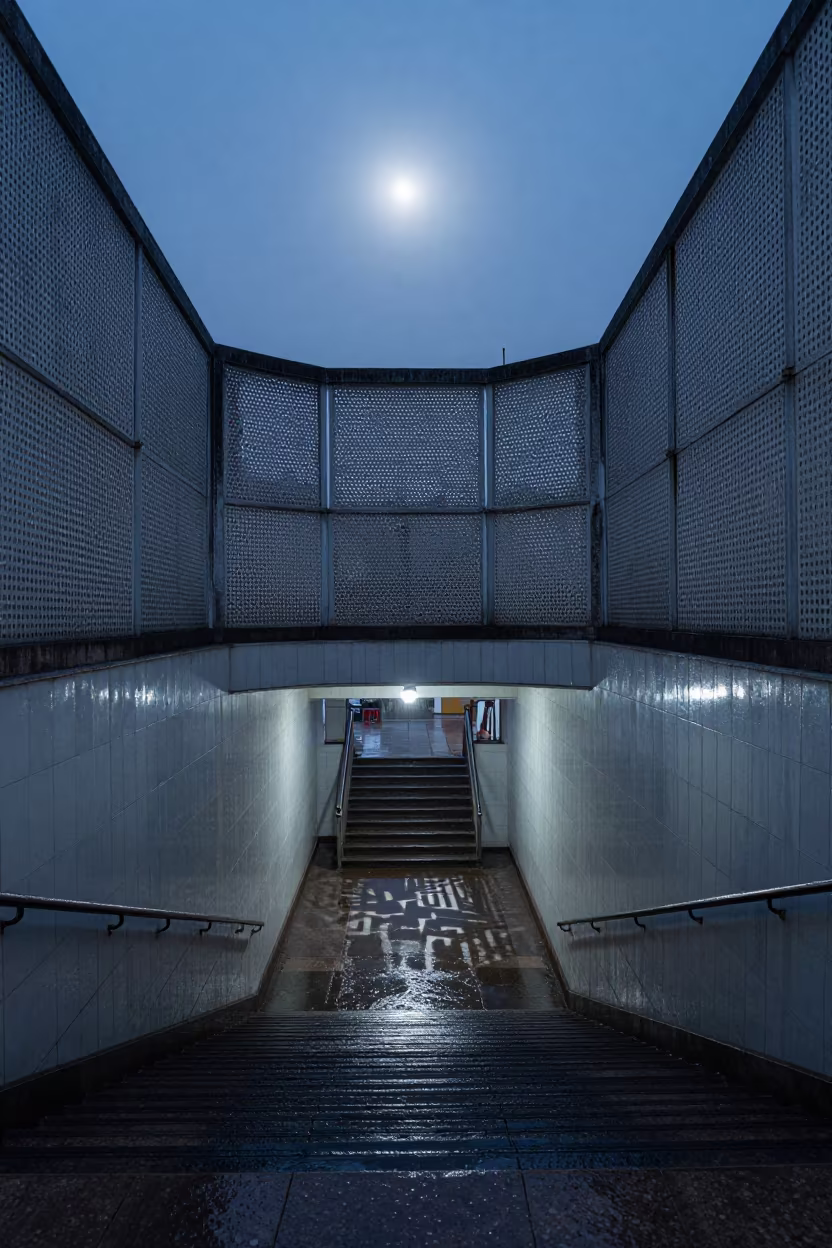 Moonlit Tiled Stair Hall Mexico City Night in inside a tiled stair hall in Mexico City