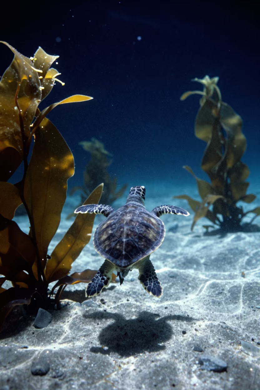 Moonlit Turtle in Kelp Forest Under Black Sky in through a forest of kelp fronds near Sydney
