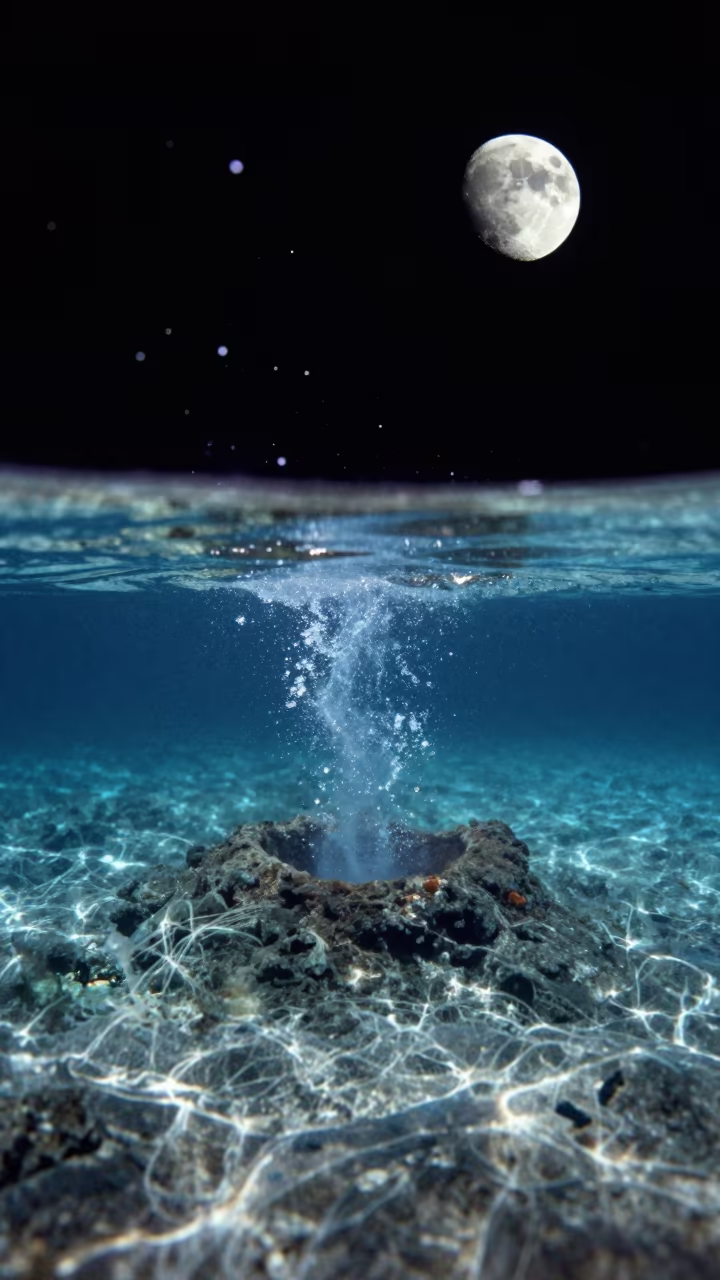 Moonlit Underwater Volcanic Vent in Indigo Twilight in above a rock shelf in clear water in Kashmir