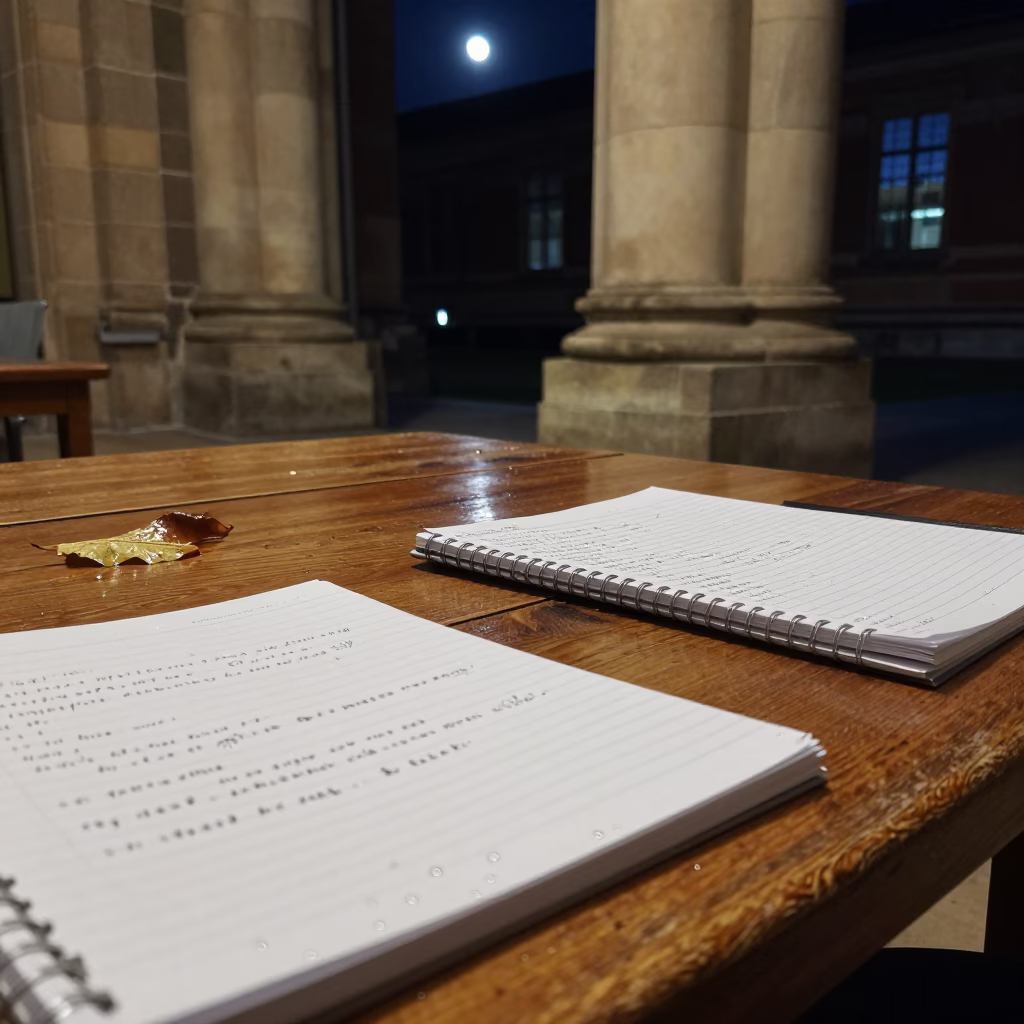Moonlit University Study Table with Wet Leaves in at a seminar table covered in notes in Freetown