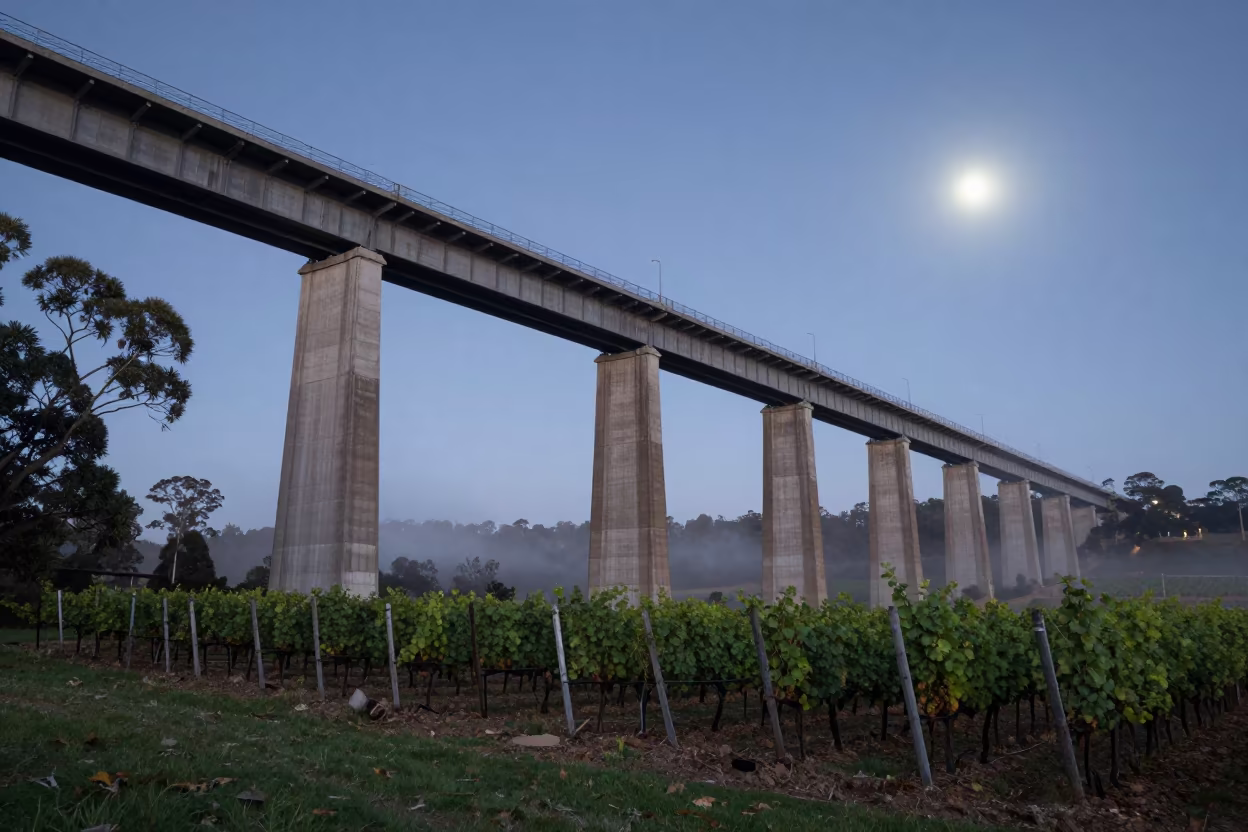 Moonlit Viaduct Over Sydney Vineyard Mist in under a viaduct of steel and concrete in Sydney