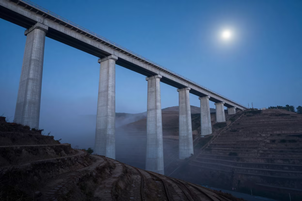 Moonlit Viaduct Over Terraced Hills in Mist in beneath a bridge span in Pemba
