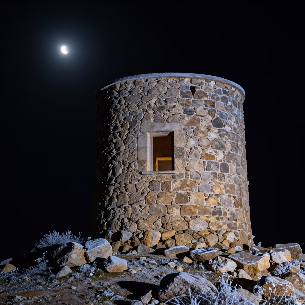 Moonlit Watchtower Window Tunisia Night in from a frost-hushed ridgeline in Tunisia