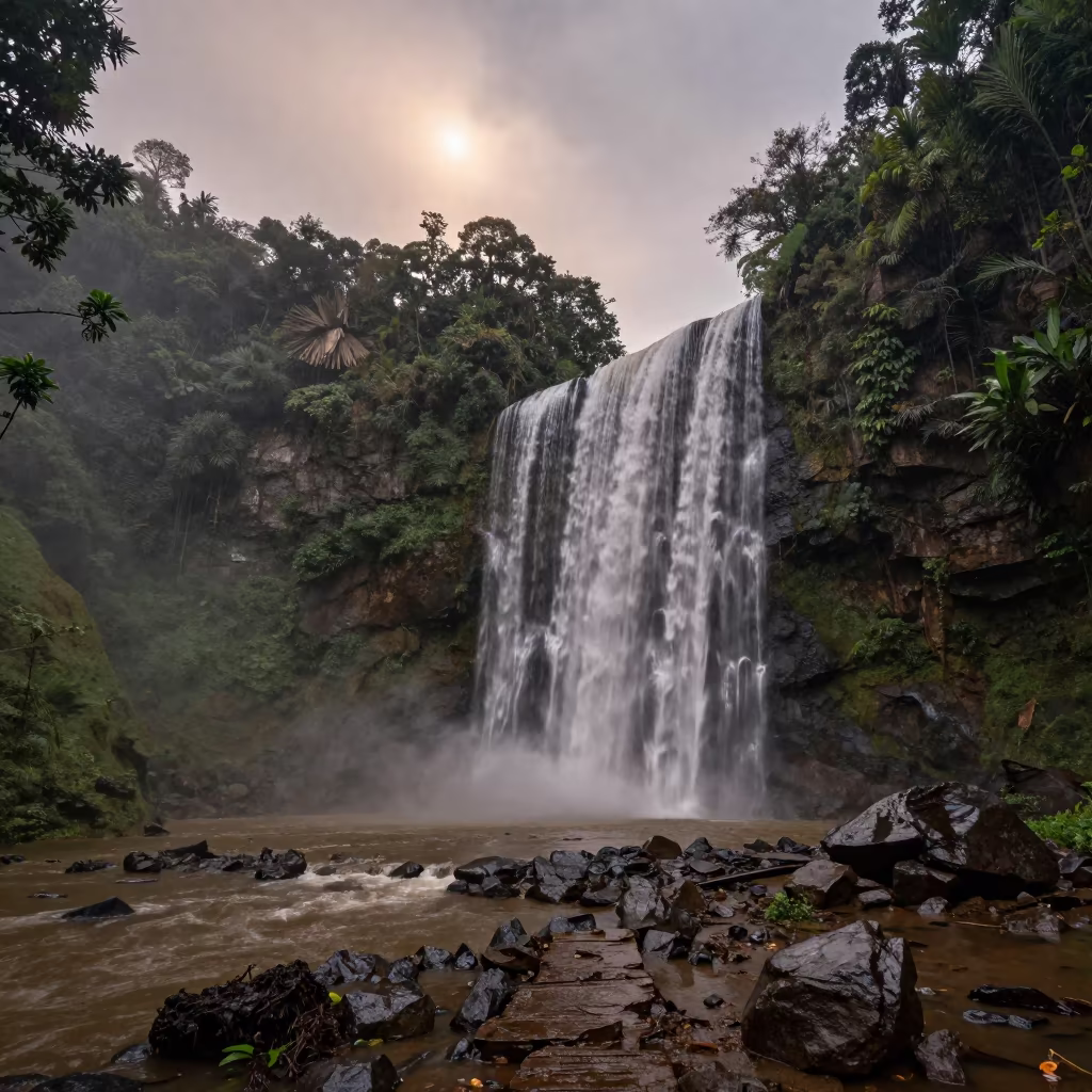 Moonlit Waterfall in Cholon Jungle Gorge Valley in across a wide valley floor near Cholon, Ho Chi Minh City