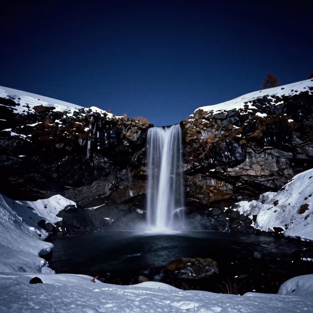 Moonlit Waterfall Cascading Into Dark Plunge Pool in beneath a hard winter sky over snowfields in Tyrol
