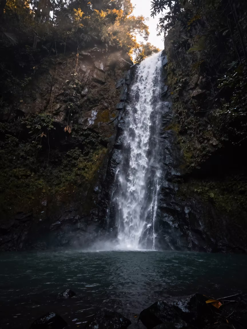 Moonlit Waterfall Dawn in Costa Rican Jungle Gorge in in Costa Rica