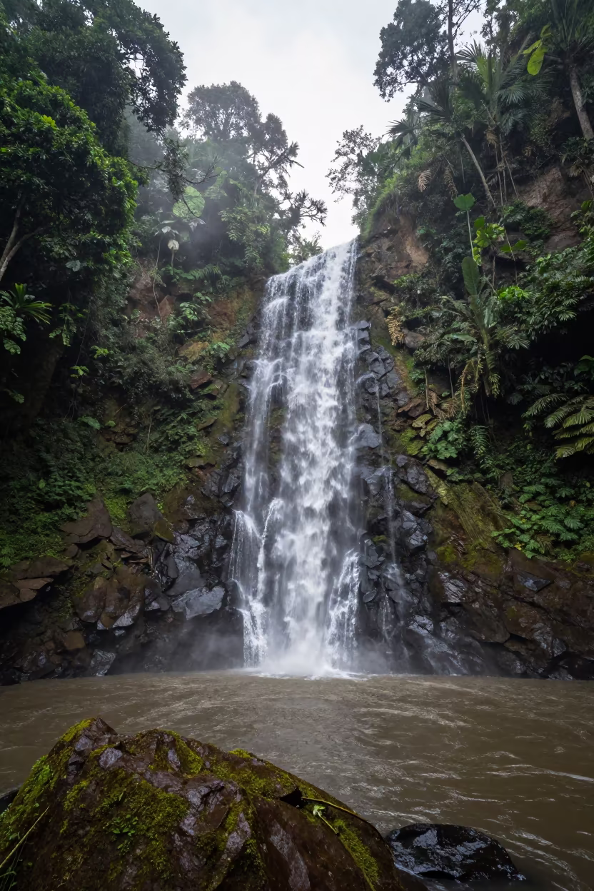 Moonlit Waterfall Dawn in Thailand Jungle Gorge in across a floodplain after rain in Thailand