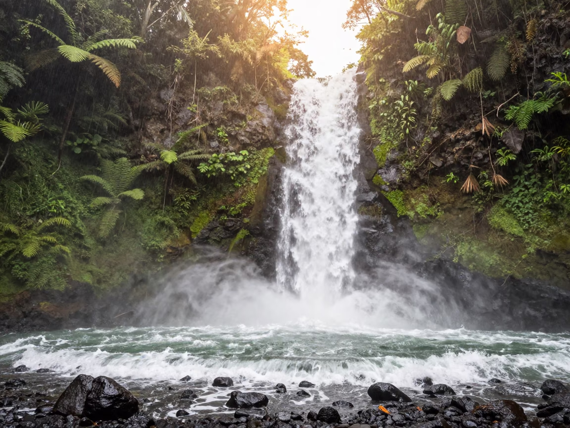 Moonlit Waterfall Jungle Gorge Samoa Shoreline in along a wave-cut shoreline in Samoa