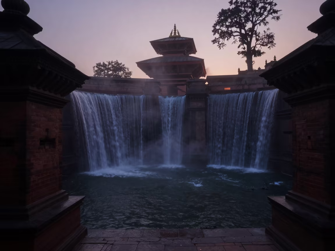 Moonlit Waterfall Silhouette Near Durbar Square Kathmandu in under the clearest stretch of sky near Durbar Square, Kathmandu