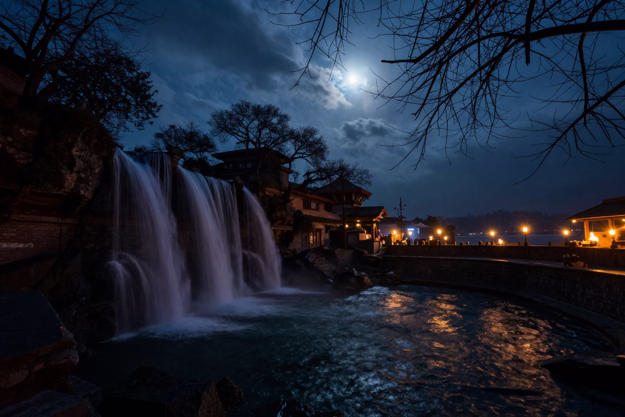 Moonlit Waterfall Silhouette Kathmandu Winter Night in beside a lantern-dotted harbor near Kathmandu