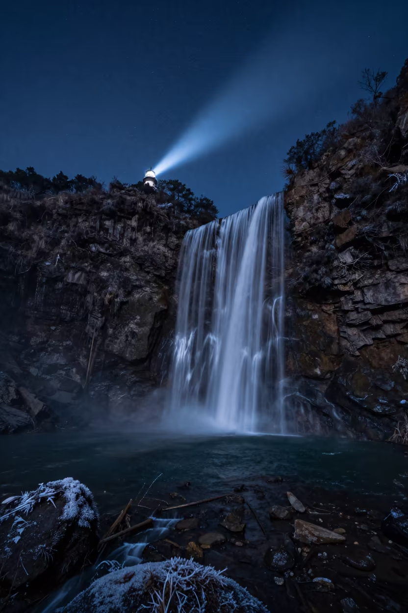 Moonlit Waterfall Yunnan Midnight Starlight in under a band of cold starlight in Yunnan