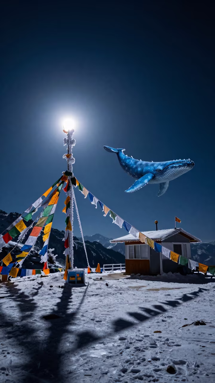 Moonlit Whale Shadow Over Rime Ice Summit Station in along a high mountain pass beneath prayer flags near Shimla