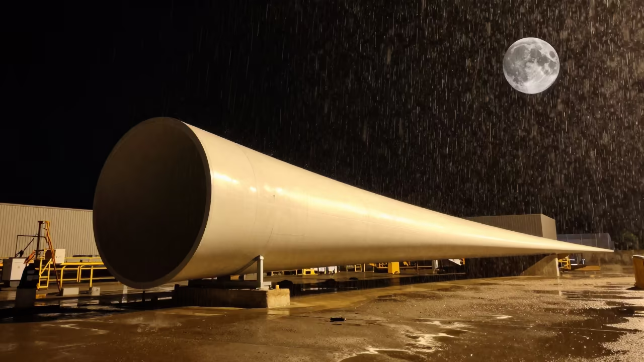 Moonlit Wind Turbine Molds in Factory in on a factory floor near Banja Luka