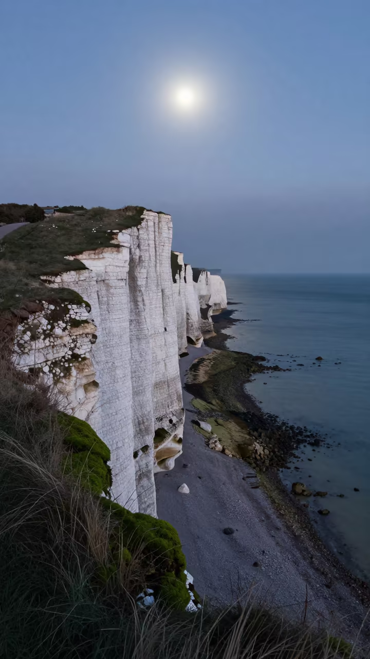 Moonlit Winter Chalk Cliff Over Sea Haze in across a wide valley floor in Spain