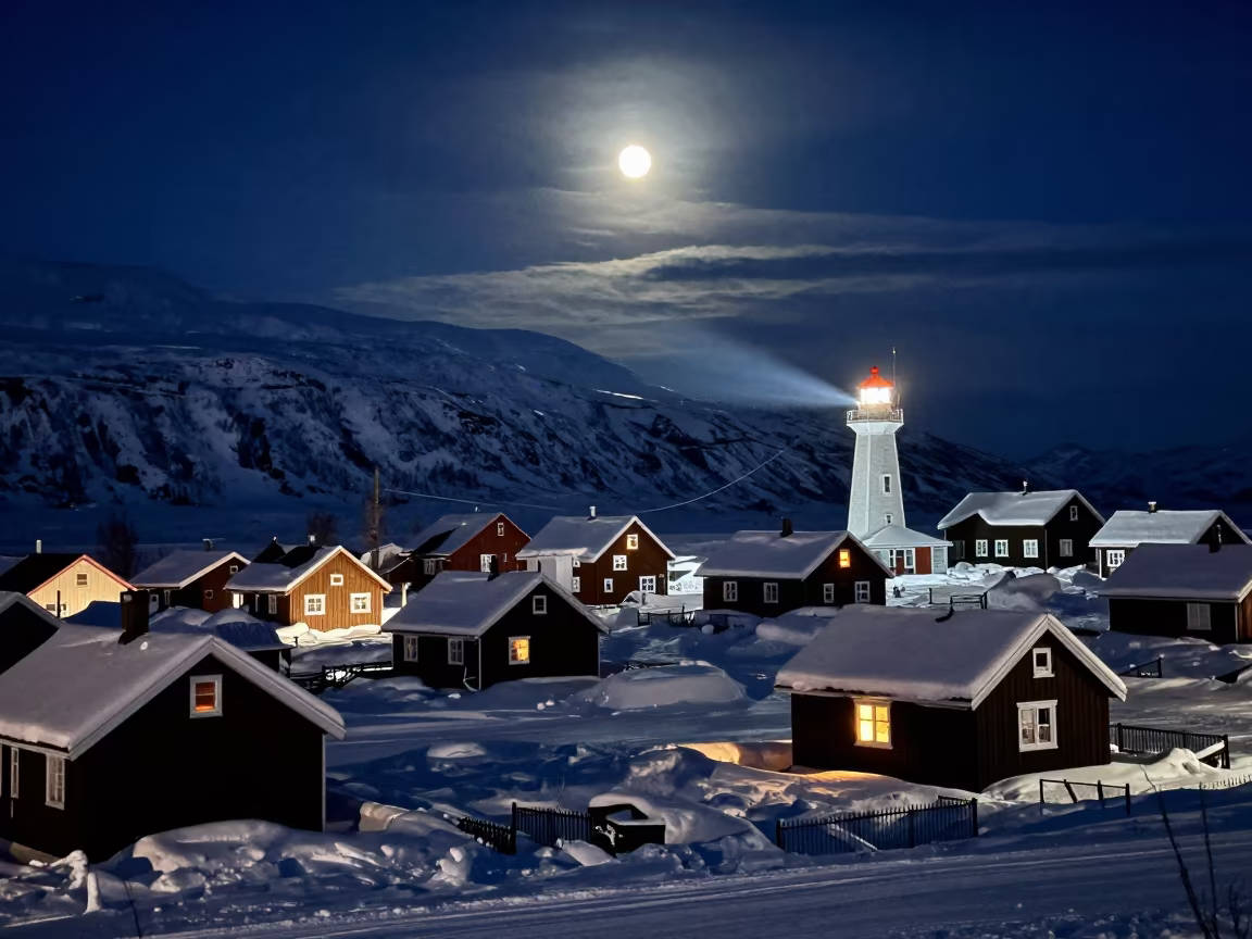 Moonlit Winter Village Under Endless Summer Night in beneath a hard winter sky over snowfields near Anchorage