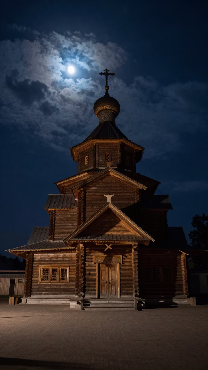 Moonlit Wooden Church Dome in Atrium in inside a vaulted atrium near Daşoguz