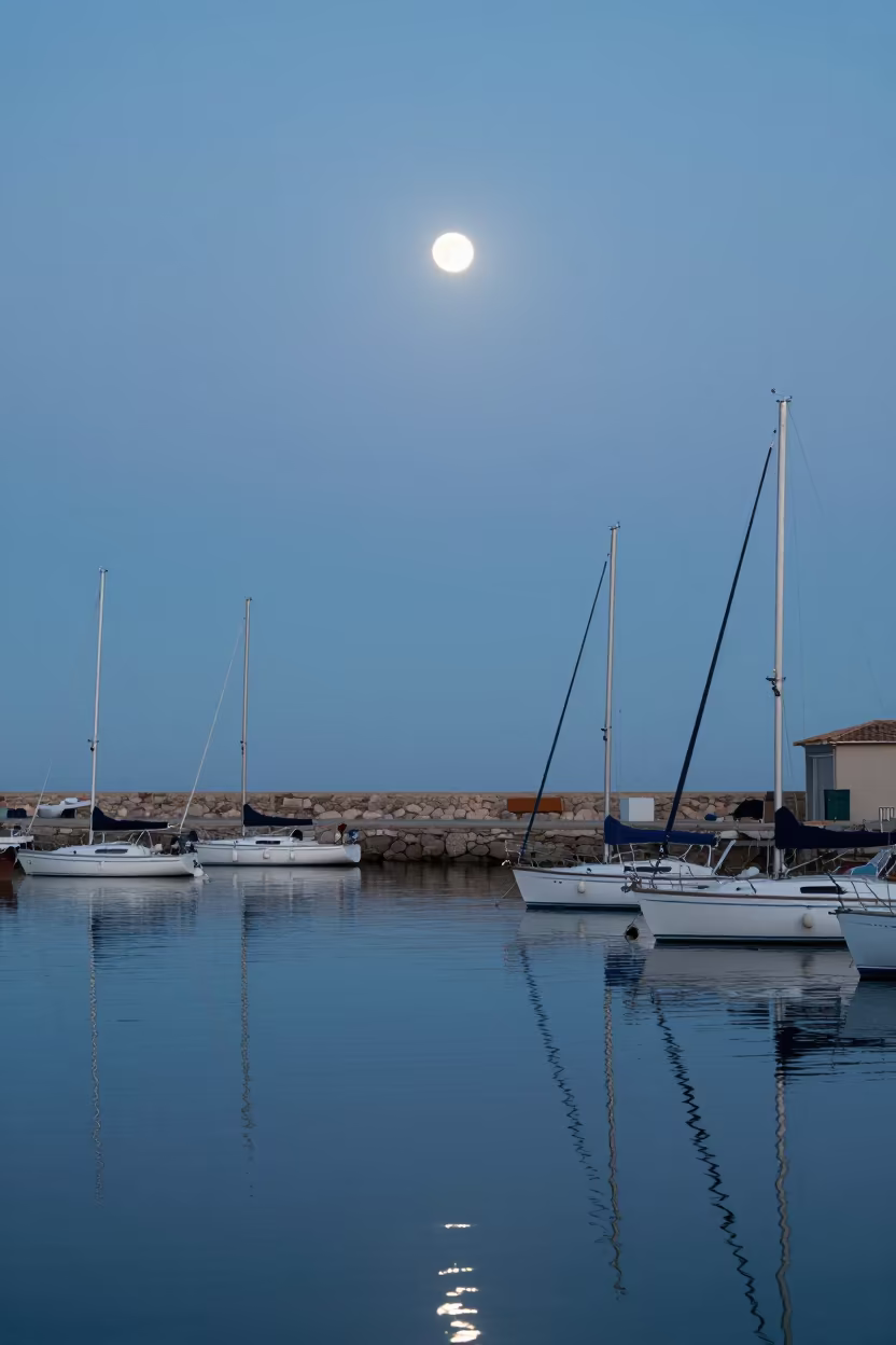 Moonrise Over Catalan Harbor Midnight Reflection in on a wind-open causeway in Catalonia
