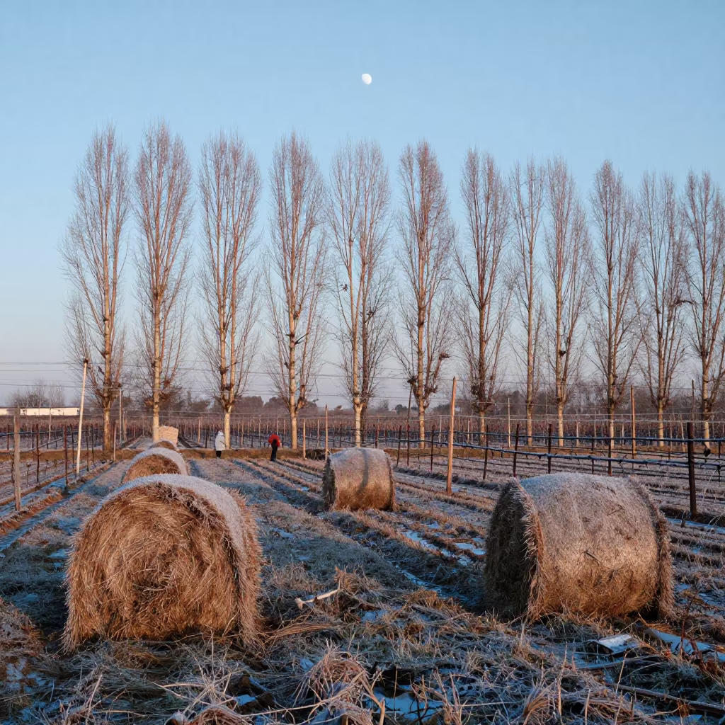 Moonrise Over Frost Hay Bales Fujian Vineyard in between vineyard trellises in Fujian