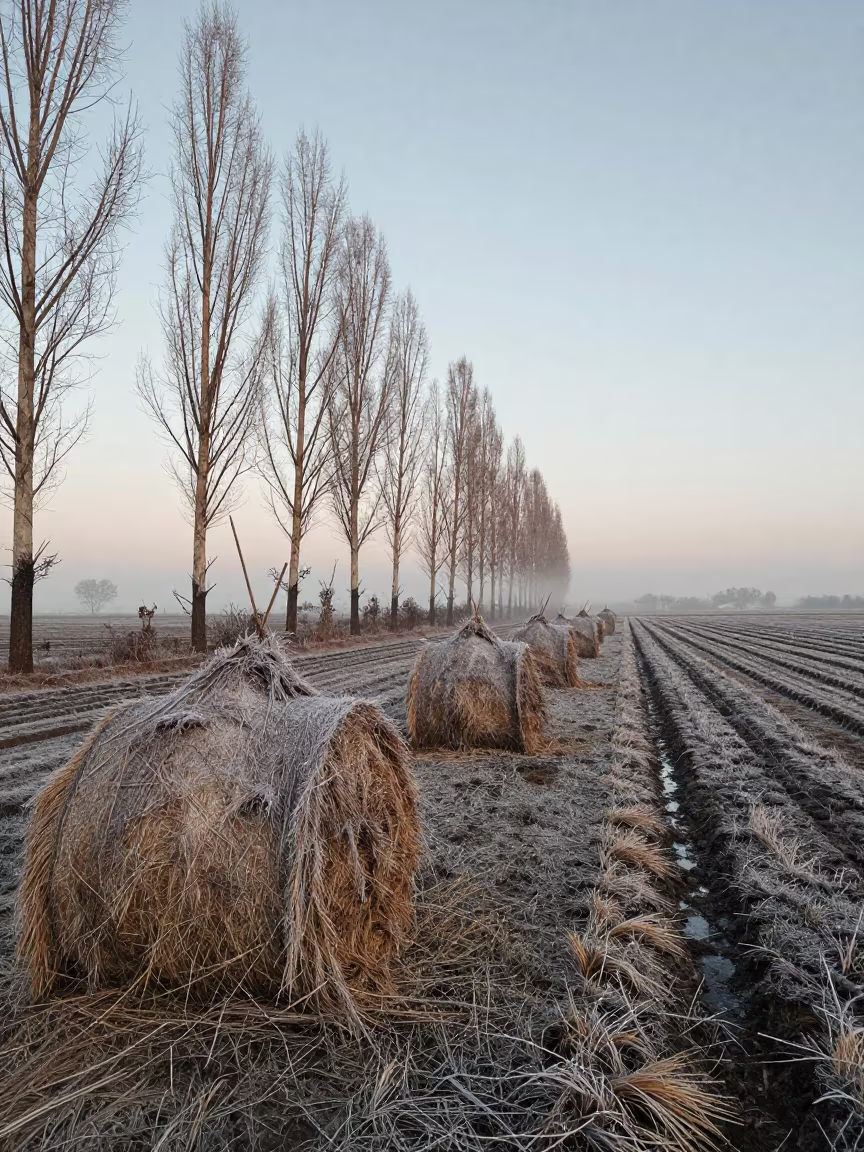 Moonrise Over Frost Hay Bales Papua Dawn in along freshly irrigated rows in Papua