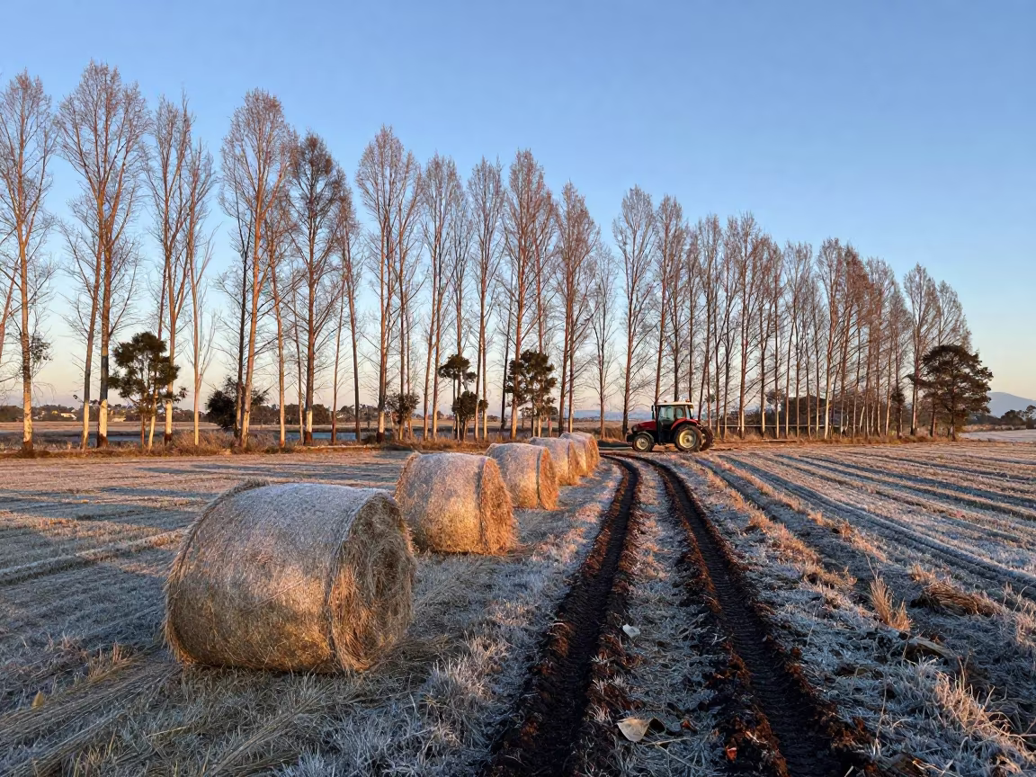 Moonrise Over Frost Hay Bales Ecuador in beside a tractor track through dark soil in Ecuador