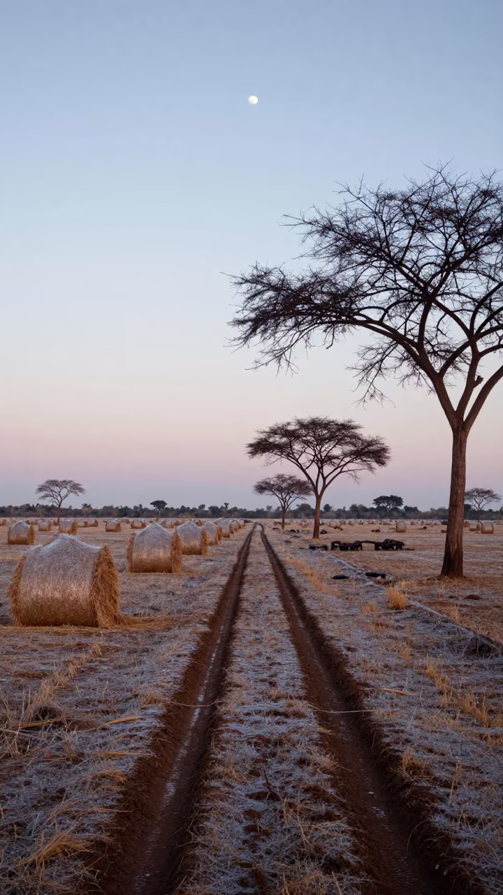 Moonrise Over Frost Hay Bales Niger Dawn in beside a tractor track through dark soil in Niger