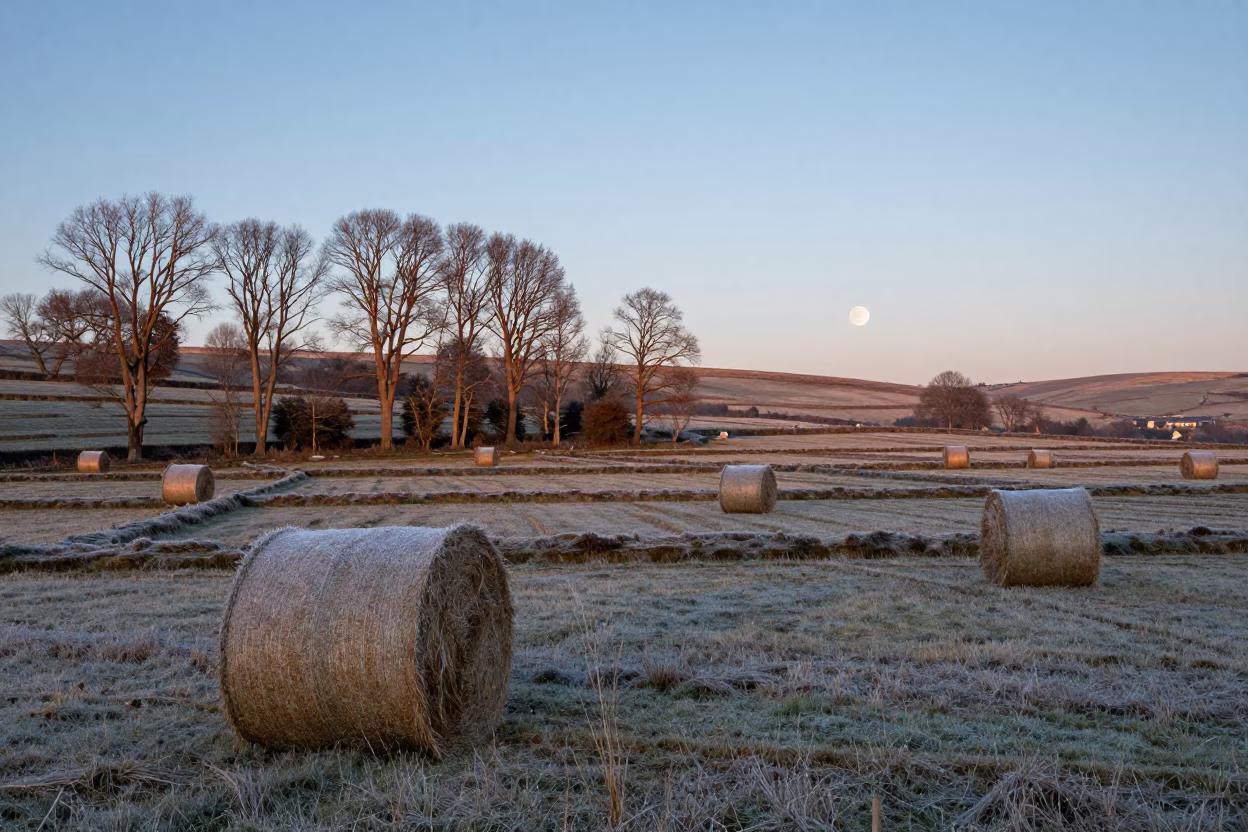 Moonrise Over Frost Hay Bales Wales in among terraced rice paddies in Wales