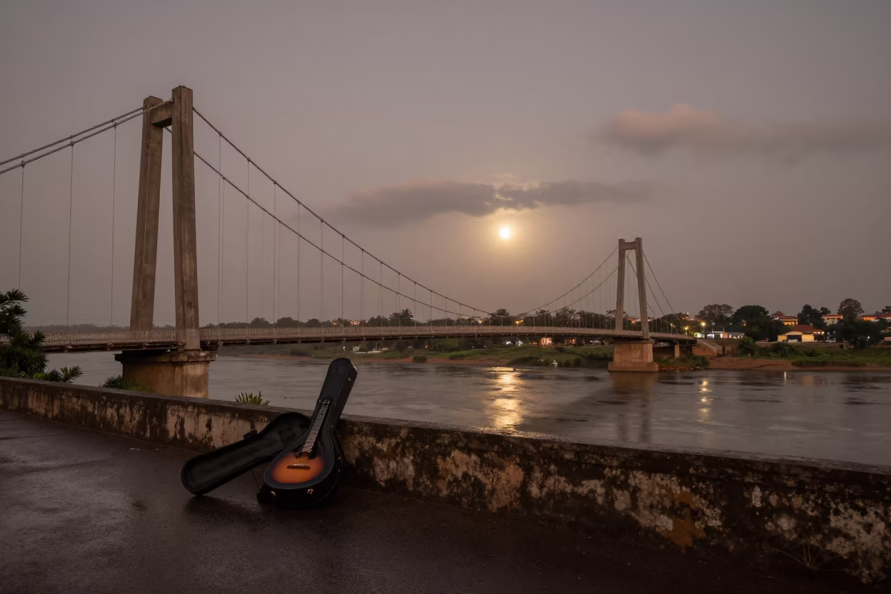 Moonrise Over Suspension Bridge Twilight Ngaoundéré in beneath a dark-sky overlook near Ngaoundéré